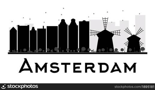 Amsterdam City skyline black and white silhouette. Vector illustration. Simple flat concept for tourism presentation, banner, placard or web site. Business travel concept. Cityscape with landmarks