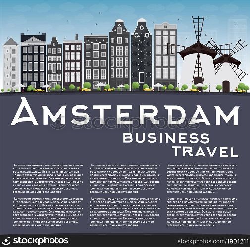 Amsterdam city skyline with grey buildings, blue sky and copy space. Vector illustration. Business travel and tourism concept with place for text. Image for presentation, banner, placard and web site.