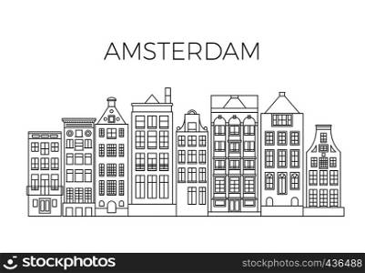 Amsterdam houses city panorama. Dutch street buildings vector skyline. Skyline street city architecture line style illustration. Amsterdam houses city panorama. Dutch street buildings vector skyline