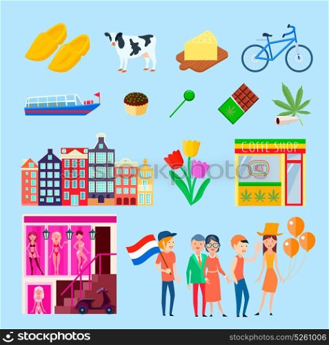 Amsterdam Landmark Elements Collection. Amsterdam stereotype set with cartoon images of cityscape houses tulips bordello cannabis coffeeshops and people characters vector illustration