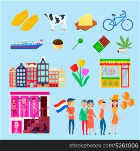 Amsterdam Landmark Elements Collection. Amsterdam stereotype set with cartoon images of cityscape houses tulips bordello cannabis coffeeshops and people characters vector illustration