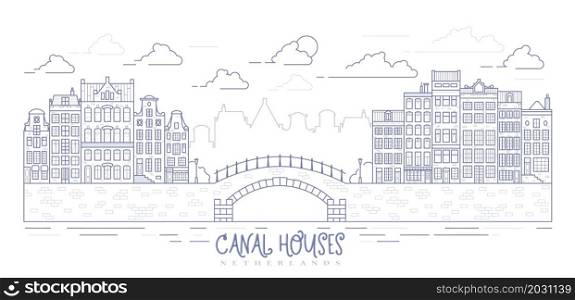 Amsterdam old style houses. Typical dutch canal homes lined up near a canal in the Netherlands. Building and facades on bridge. Vector outline illustration.