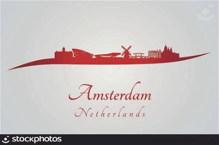 Amsterdam skyline in red and gray background in editable vector file