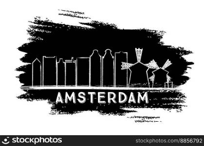 Amsterdam Skyline Silhouette. Hand Drawn Sketch. Vector Illustration. Business Travel and Tourism Concept with Modern Architecture. Image for Presentation Banner Placard and Web Site.