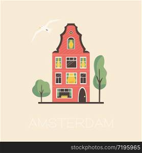 Amsterdam street with traditional building. Panorama card in a flat style. Vector illustration. An Amsterdam street with traditional old building.