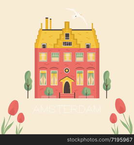 Amsterdam street with traditional building. Panorama card in a flat style. Vector illustration. An Amsterdam street with traditional old building.