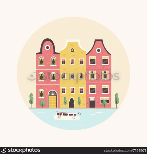 Amsterdam street with traditional buildings and canal with boat. Panorama card in a flat style. Vector illustration. An Amsterdam street with traditional old buildings