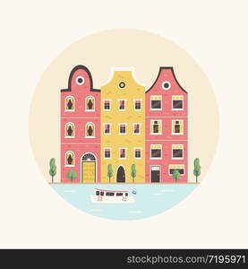 Amsterdam street with traditional buildings and canal with boat. Panorama card in a flat style. Vector illustration. An Amsterdam street with traditional old buildings