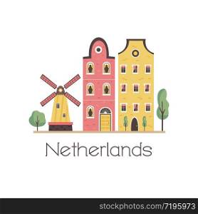 Amsterdam street with traditional buildings and windmill. Panorama card in a flat style. Vector illustration. An Amsterdam street with traditional old buildings