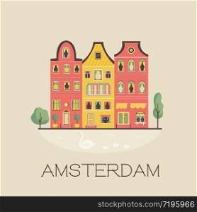 Amsterdam street with traditional buildings. Panorama card in a flat style. Vector illustration. An Amsterdam street with traditional old buildings