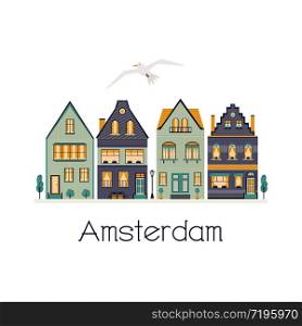 Amsterdam street with traditional buildings. Panorama card in a flat style. Vector illustration. An Amsterdam street with traditional old buildings