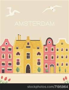 Amsterdam street with traditional buildings. Panorama postcard in a flat style. Vector illustration. An Amsterdam street with traditional old buildings
