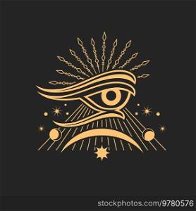 Amulet Horus eye, magic ethnic amulet, occultism vision sign, tribal chakra rays, moon and stars. Witchcraft occult esoteric sign, eye of Ra. Egyptian occult and esoteric magic witchcraft eye