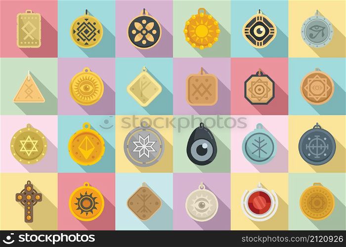 Amulet icons set flat vector. China coin. Chine and arabic culture. Amulet icons set flat vector. China coin