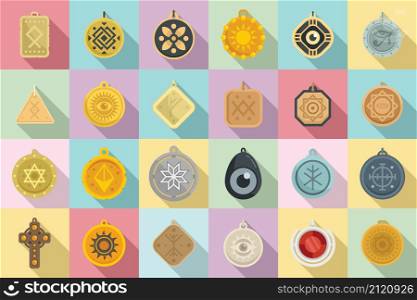 Amulet icons set flat vector. China coin. Chine and arabic culture. Amulet icons set flat vector. China coin
