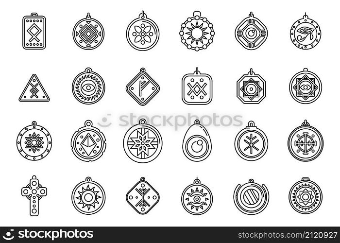 Amulet icons set outline vector. China coin. Chine and arabic culture. Amulet icons set outline vector. China coin
