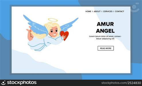 Amur Angel Girl Child Flying With Heart Vector. Amur Angel Cute Schoolgirl With Wings And Halo Giving Love. Character Cupid Baby, Valentine Day Celebrating Web Flat Cartoon Illustration. Amur Angel Girl Child Flying With Heart Vector