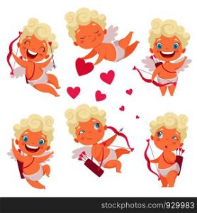Amur baby angel. Cute funny cupid little god eros greece kids with bow heart hunters romantic vector pictures. Valentine angel with heart, cupid love amur illustration. Amur baby angel. Cute funny cupid little god eros greece kids with bow heart hunters romantic vector pictures