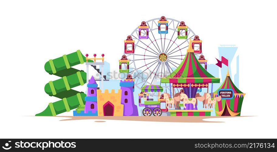 Amusement background. Landscape fun city with attractions for kids big wheels with swing machines with fast food rollercoast ride inflatable balloons garish vector cartoon illustration. Amusement background. Landscape fun city with attractions for kids big wheels with swing machines with fast food rollercoast