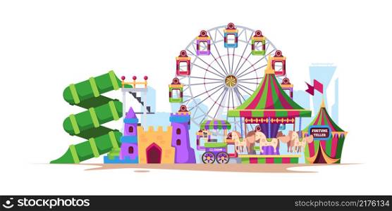 Amusement background. Landscape fun city with attractions for kids big wheels with swing machines with fast food rollercoast ride inflatable balloons garish vector cartoon illustration. Amusement background. Landscape fun city with attractions for kids big wheels with swing machines with fast food rollercoast