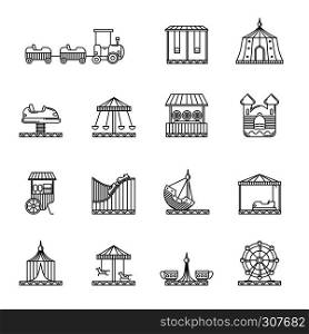 Amusement, circus and carousel linear vector icon set. Attraction and carousel, illustration of funfair performance. Amusement, circus and carousel linear vector icon set