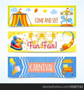 Amusement entertainment carnival theme park fun fair horizontal banners isolated vector illustration