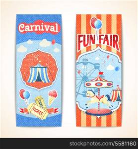 Amusement entertainment carnival theme park fun fair vintage vertical banners isolated vector illustration