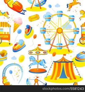 Amusement entertainment park seamless pattern with tent cars rides vector illustration
