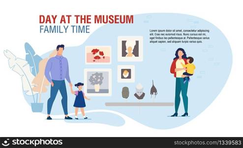 Amusement for Family at Museum Motivation. Landing Page Design with Happy Parents and Kids Visiting Art Gallery with Painting Pictures Exhibition, Historic Artifacts Exposition. Vector Illustration