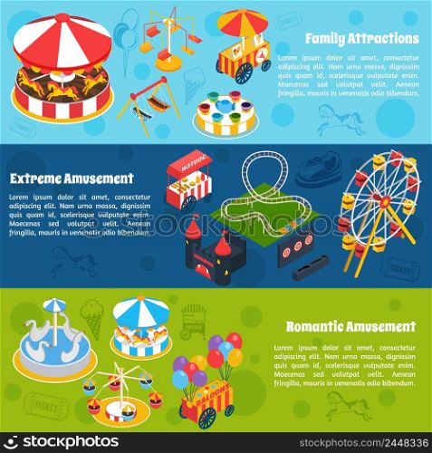 Amusement horizontal banners set with isometric romantic family and extreme attractions isolated vector illustration. Amusement Isometric Banners