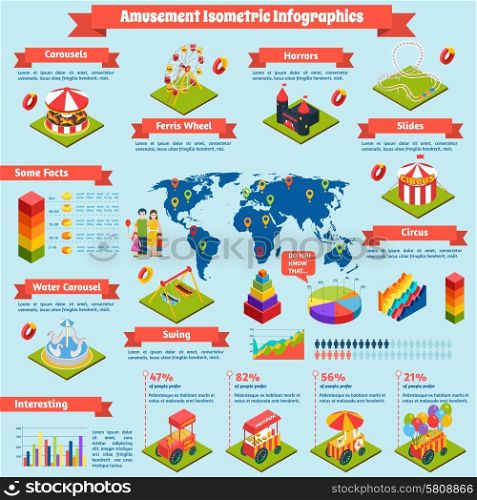 Amusement infographics set with attractions isometric symbols and charts vector illustration. Amusement Isometric Infographics