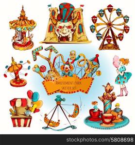 Amusement kids entertainment park decorative icons colored set isolated vector illustration. Amusement Park Colored Set