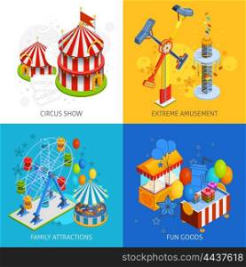 Amusement Park 2x2 Isometric Design Concept. Amusement park 2x2 isometric design concept set of circus show extreme amusement family attractions and fun goods compositions vector illustration