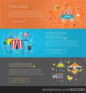 Amusement Park 3 Horizontal Banners Set . Amusement park online information 3 flat horizontal interactive banners set with attractions and snacks abstract vector illustration