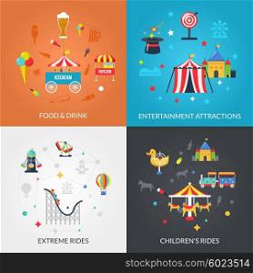 Amusement Park 4 Flat Icons Square. Traveling circus amusement park attractions with drinks and snacks 4 flat icons composition square abstract isolated vector illustration