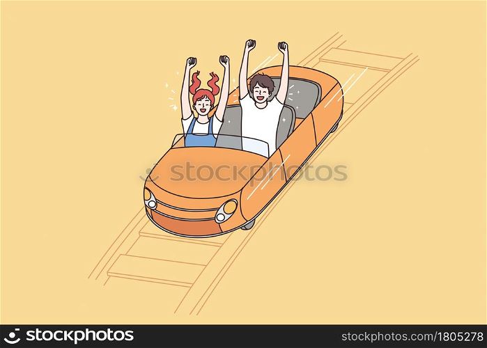 Amusement park and leisure activities concept. Happy children riding on attractions in kids amusement park with hands raised up vector illustration . Amusement park and leisure activities concept