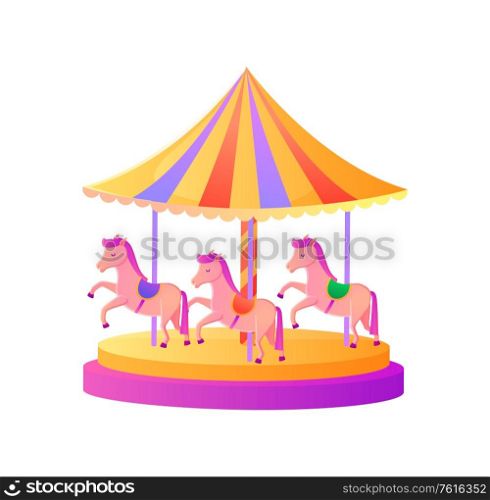 Amusement park attraction vector, carousel with phone for children to have fun isolated carousel with horses riding circle. Spinning construction with tent. Carousel with Pony Pink Horses, Attraction Vector