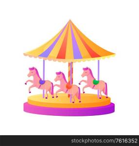 Amusement park attraction vector, carousel with phone for children to have fun isolated carousel with horses riding circle. Spinning construction with tent. Carousel with Pony Pink Horses, Attraction Vector