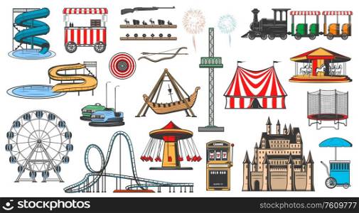 Amusement park attractions and rides, vector icons. Funfair carnival entertainment, aquapark water slides, karting and Ferris wheel, carousels, slot machine, fireworks and ice cream vendor cart. Amusement park and funfair carnival attractions