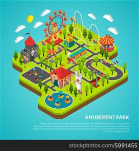 Amusement Park Attractions Fairground Isometric Banner. Amusement park fairground with big ferris observation wheel and bumper cars attractions isometric colorful banner vector illustration