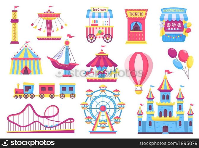 Amusement park attractions, fairground rides, carnival elements. Cartoon circus tent, carousel, rollercoaster, funfair games vector set. Shooting range, castle and ice cream for excitement. Amusement park attractions, fairground rides, carnival elements. Cartoon circus tent, carousel, rollercoaster, funfair games vector set