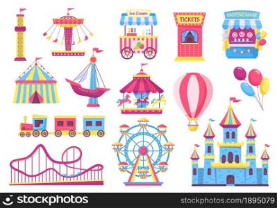 Amusement park attractions, fairground rides, carnival elements. Cartoon circus tent, carousel, rollercoaster, funfair games vector set. Shooting range, castle and ice cream for excitement. Amusement park attractions, fairground rides, carnival elements. Cartoon circus tent, carousel, rollercoaster, funfair games vector set