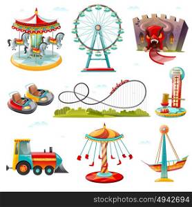 Amusement Park Attractions Flat Icons Set . Top amusement park attractions rides flat icons collection with carousel ferry wheel and roller coaster vector illustration