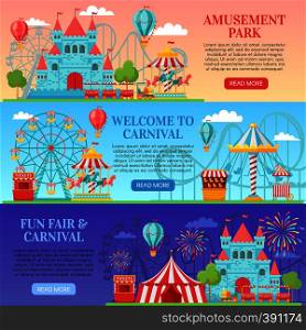 Amusement park banner. Amusing festival attractions, kids carousel and ferris wheel attraction. Amuse ferry, funfair fairground or circus ticket. Banners background vector illustration set. Amusement park banner. Amusing festival attractions, kids carousel and ferris wheel attraction banners background vector illustration