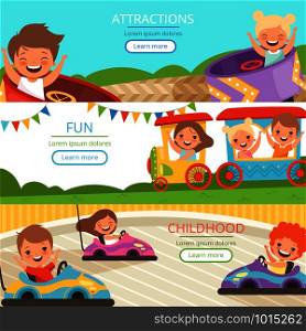 Amusement park banners. Family and happy kids walking and playing games in different attractions vector cartoon template. Illustration of childhood entertainment, recreational train and car. Amusement park banners. Family and happy kids walking and playing games in different attractions vector cartoon template