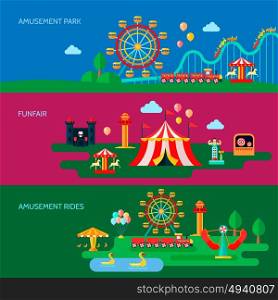 Amusement Park Banners Set . Amusement park horizontal banners set with funfair symbols flat isolated vector illustration