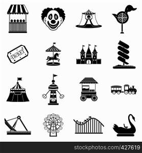 Amusement park black simple icons set isolated on white background. Amusement park black simple icons set