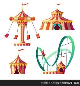 Amusement park, carnival or festive fair cartoon vector illustration. Rollercoaster, circus tent and carousel, elements for children summer fun isolated on white background, announcement set. Amusement park, carnival or festive fair cartoon