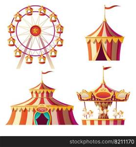 Amusement park, carnival or festive fair cartoon vector illustration. Merry-go-round, circus tent and ferris wheel, elements for children summer fun isolated on white background, announcement set. Amusement park, carnival or festive fair cartoon