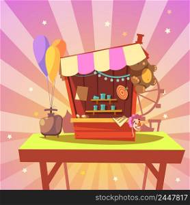 Amusement park cartoon with shooting gallery with prizes on abstract background retro style vector illustration. Amusement park cartoon